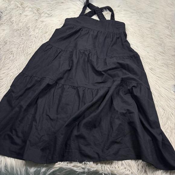 Crescent Women's M Black Cross Back Tiered Maxi Midi Dress Linen Blend Resort - Picture 1 of 7